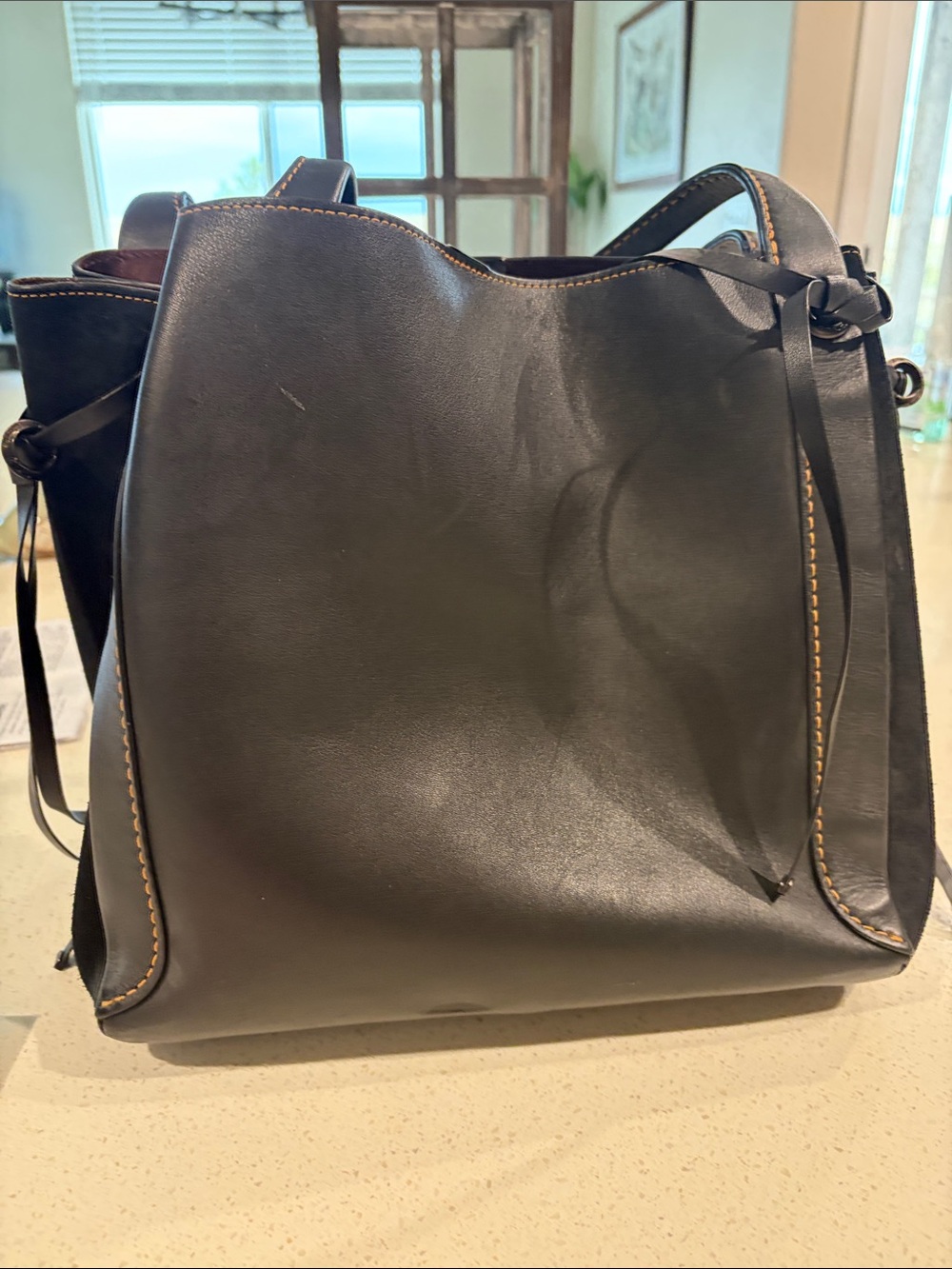 Coach Black Leather Shoulder Bag with Tan Stitching